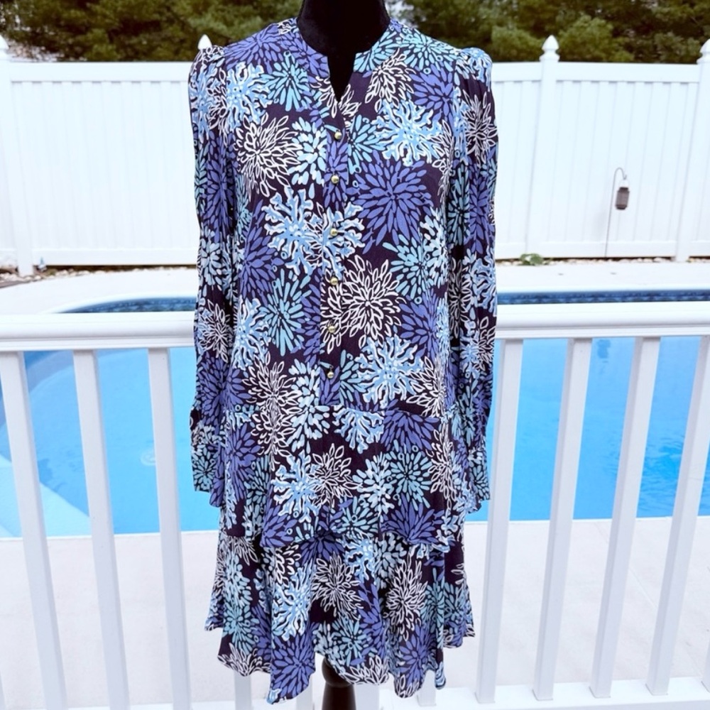 Sail To Sable STS Flutter Hem Dress in Floral Blue Coral Print Size Small